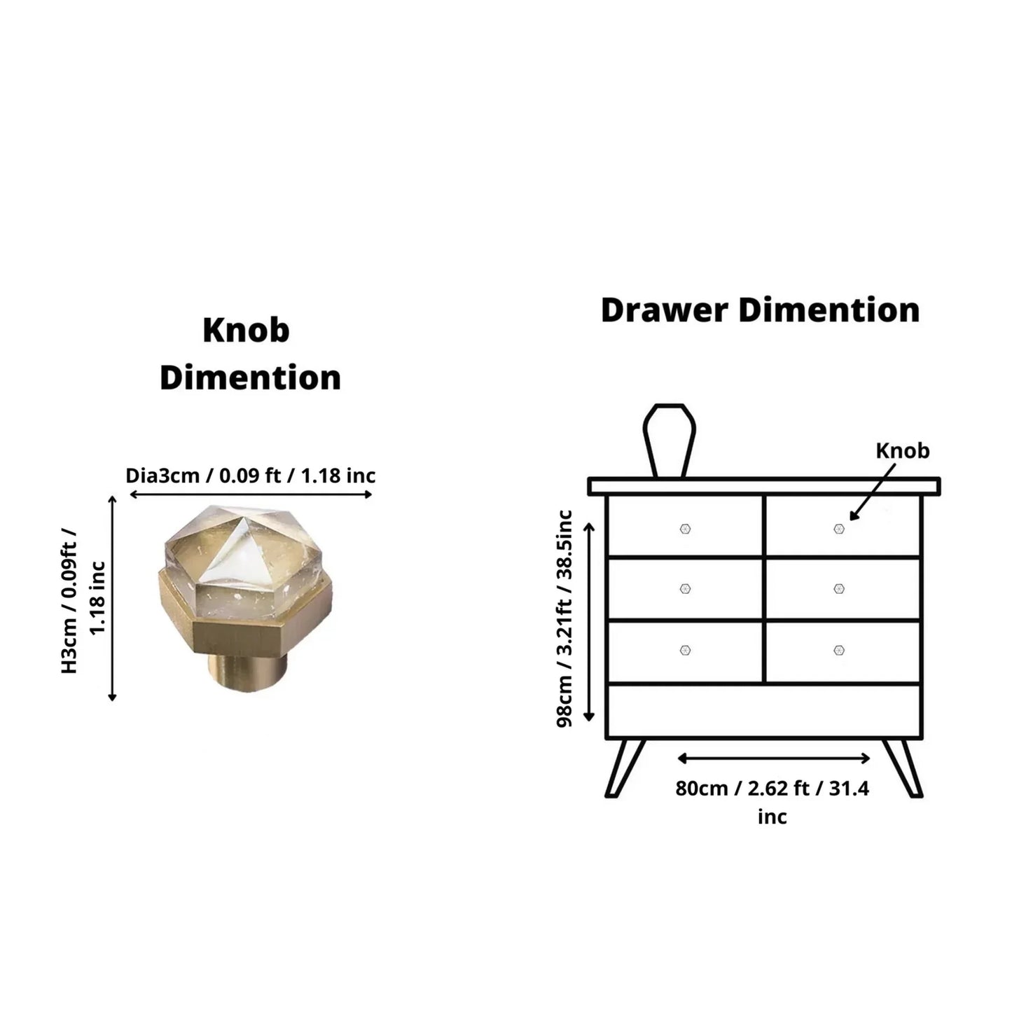Natural Crystal & Brass Hexagon Knob