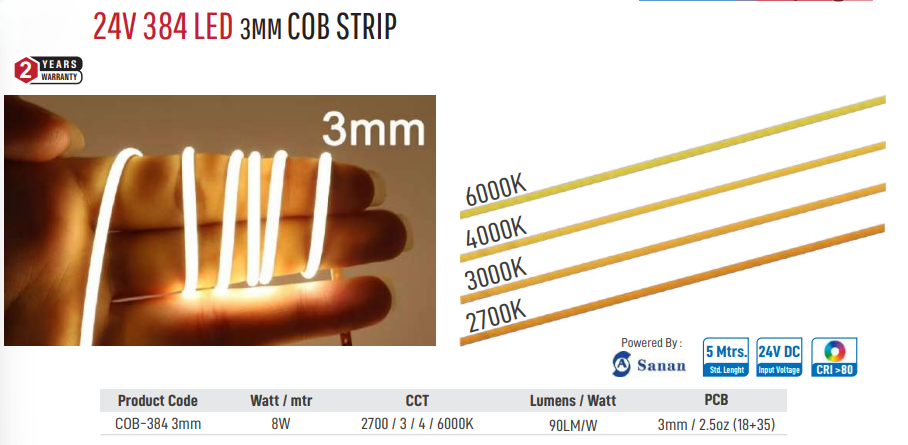 24V 384 Led 3MM Cob Strip