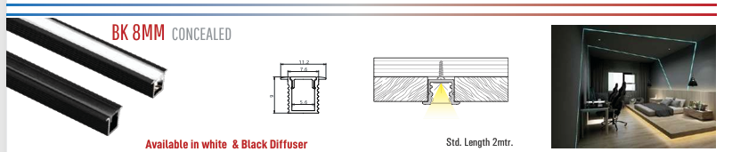 BK 8mm Concealed LED Aluminium Black Profile