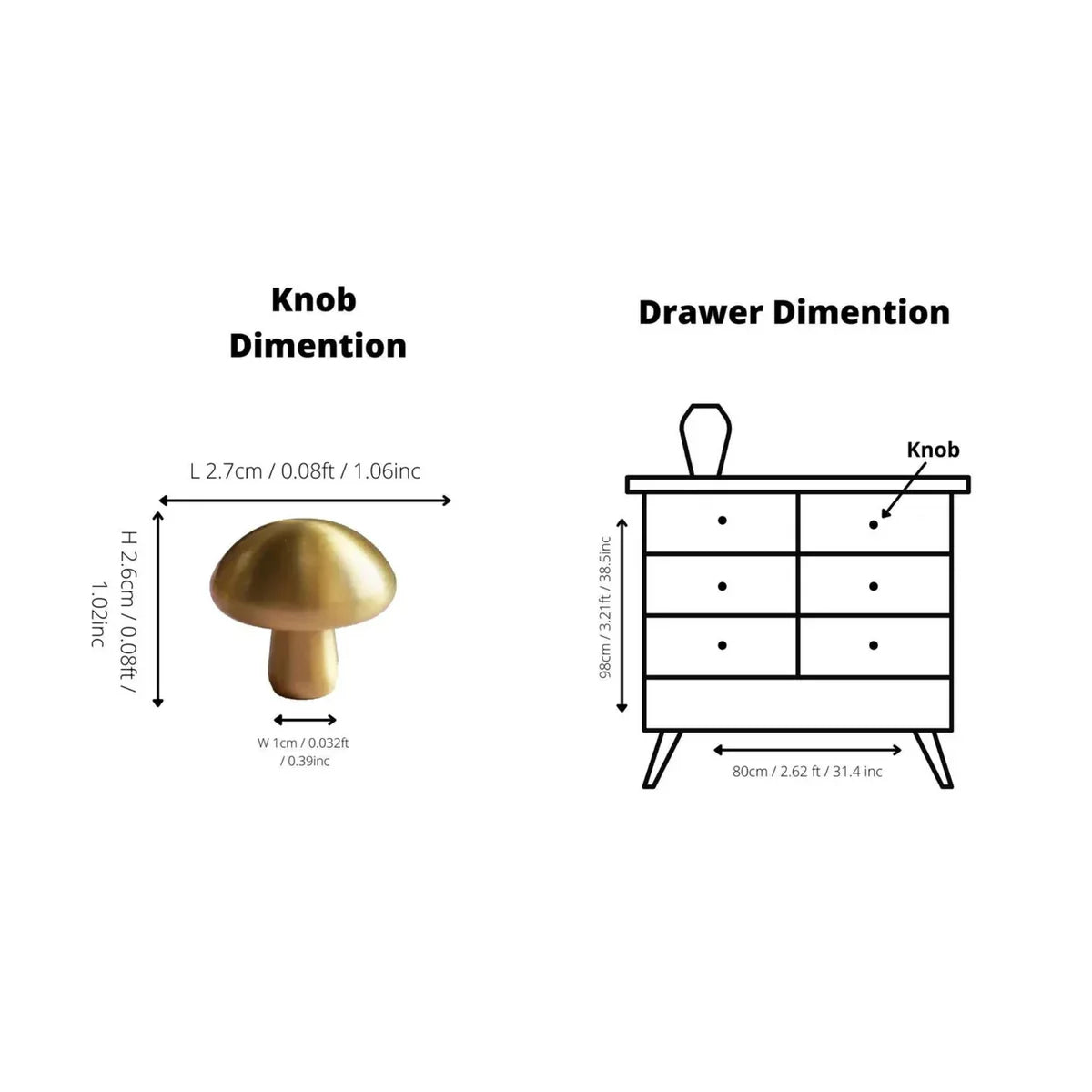 Mushroom Solid Brass Cabinet Knob