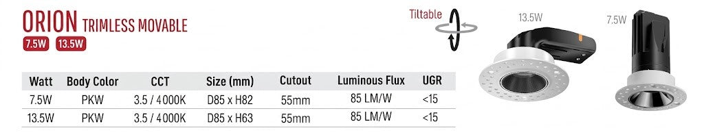 LED Downlight Orion Trimless Movable